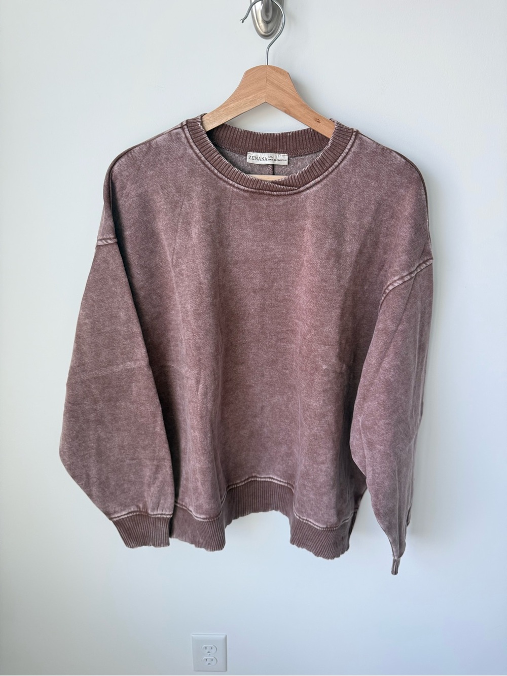 Zenana Acid Washed Crewneck Brown Sweater | S/M & L/G